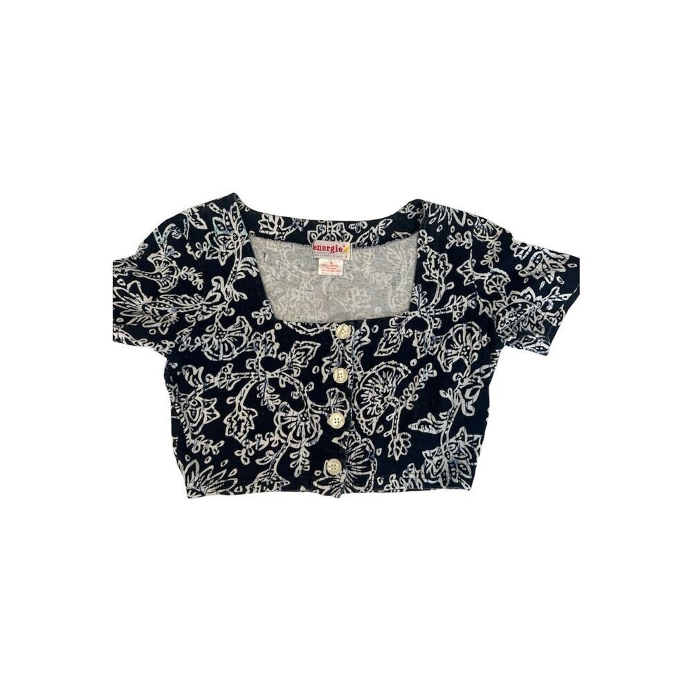Vintage Energie Navy and White Floral Button-Front Crop Top EVC